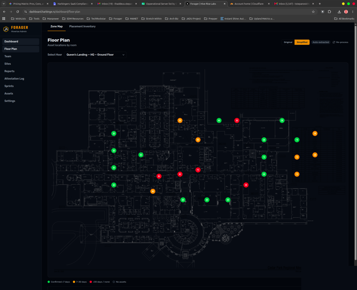 Forager web dashboard — Zone Map showing asset confirmation status across Queen's Landing Ground Floor